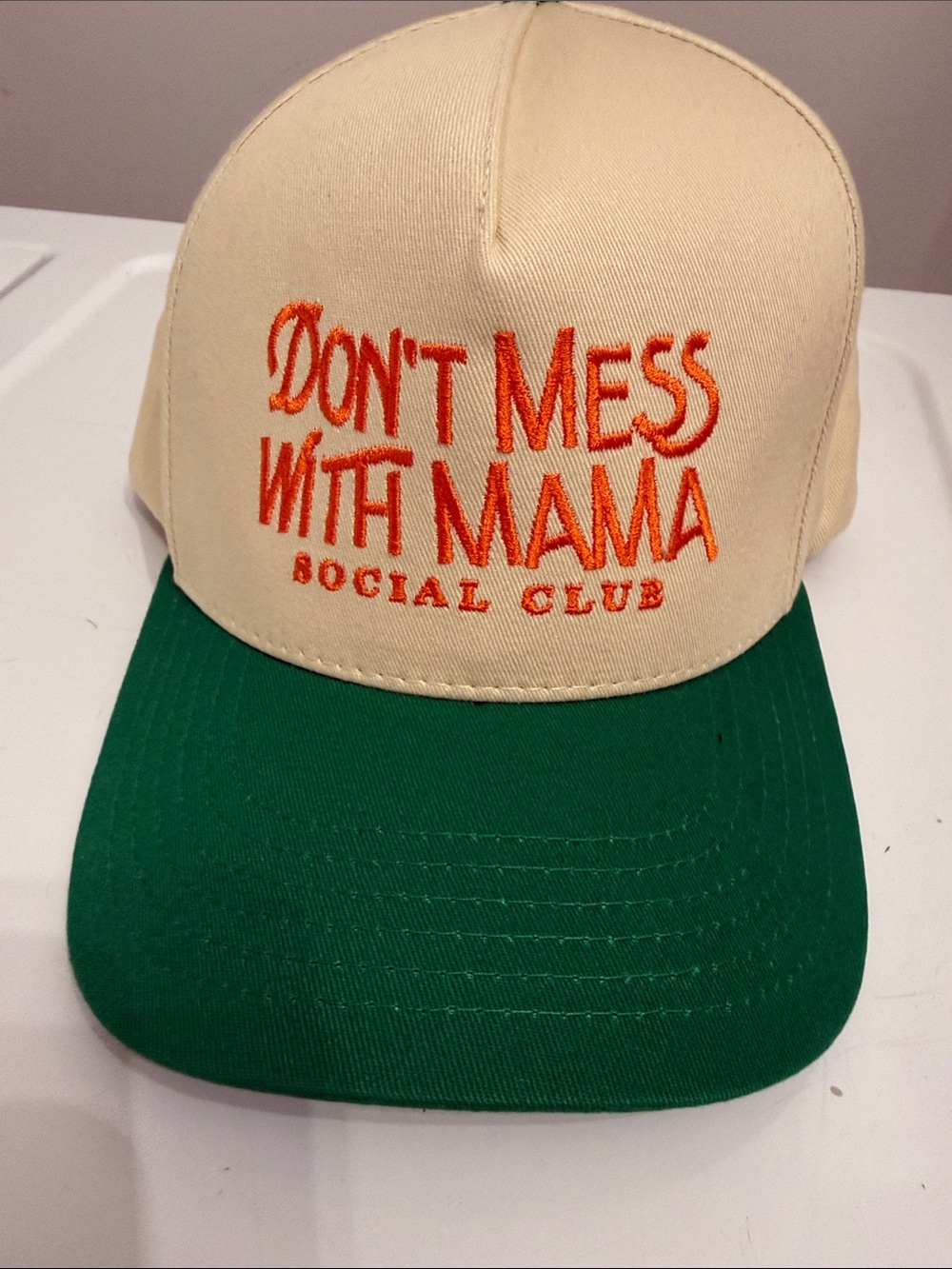 C.C Don’t Mess With Mama Cream Cap with Green Visor and Orange Embroidery